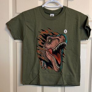 Universal Olive Green Short Sleeve Tee with Fiery T-Rex Graphic